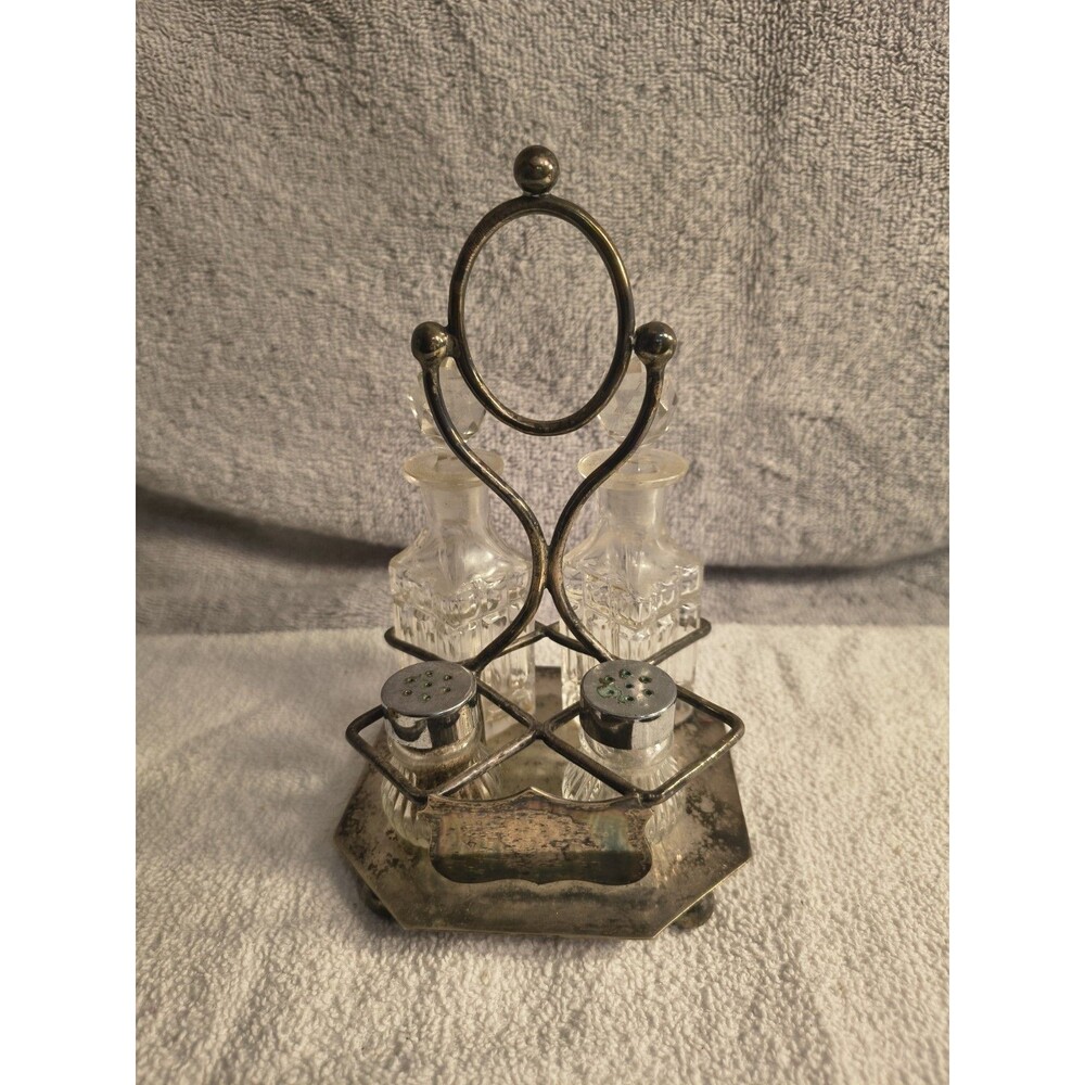 Antique EPNS Cruet Condiment Set 4 Bottle Caddy Silver Plate Glass Decanter 1747